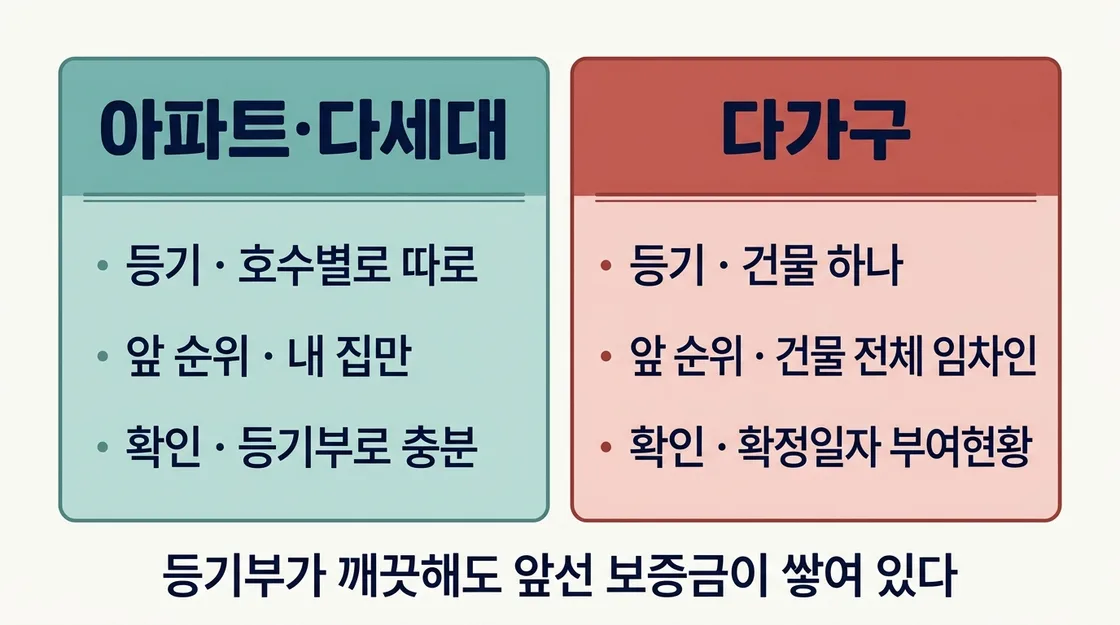 다가구주택에서 선순위 임차인 보증금이 쌓이는 구조를 정리한 도해