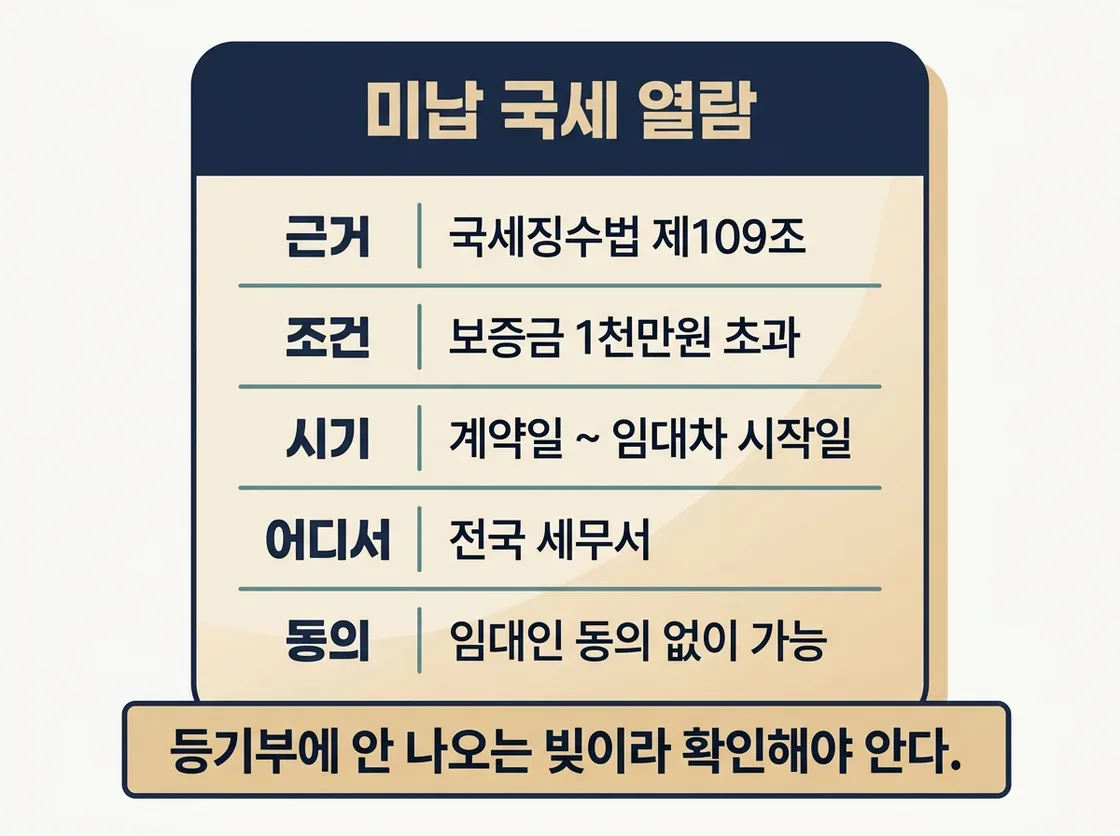 임대인 미납 국세를 확인하는 조건과 절차를 단계로 정리한 도해