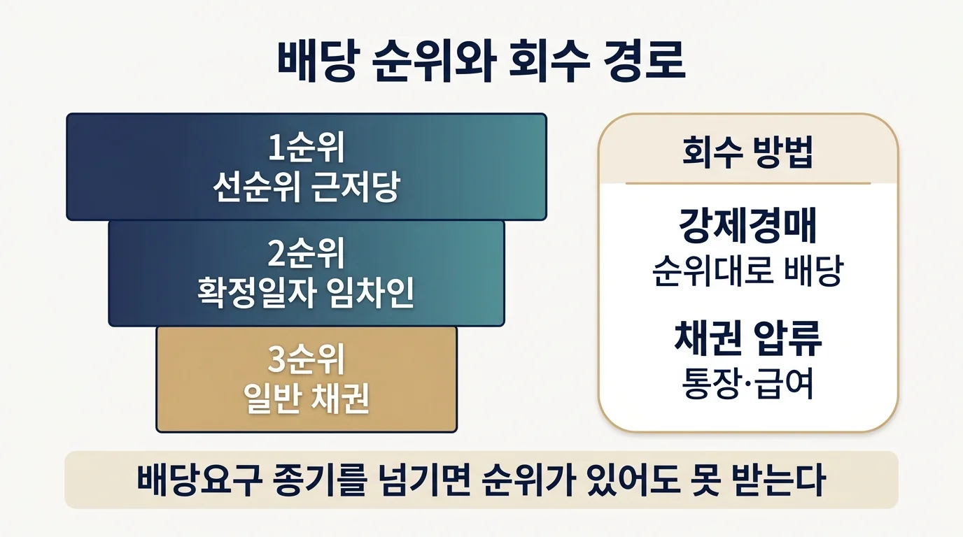 강제경매 배당 순위와 채권 압류 방식의 회수 경로 비교 인포그래픽
