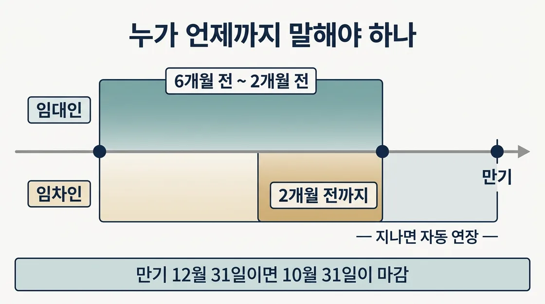 임대인과 임차인의 통지 기한을 만기 기준 타임라인으로 비교한 도해