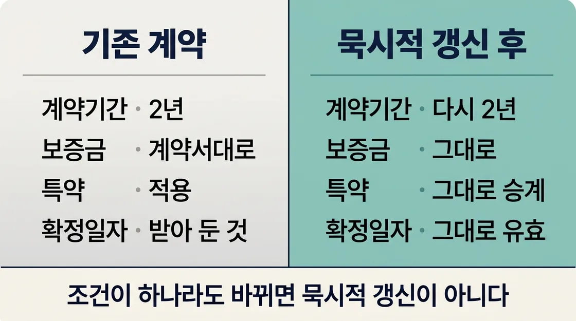 묵시적 갱신 후 기간 2년과 동일 조건 유지를 정리한 비교 도해
