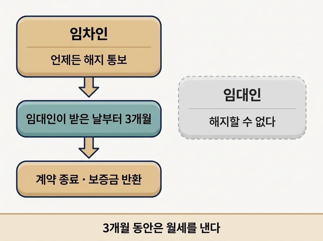 임차인만 가진 해지권과 통보 후 3개월 효력 발생 흐름 도해