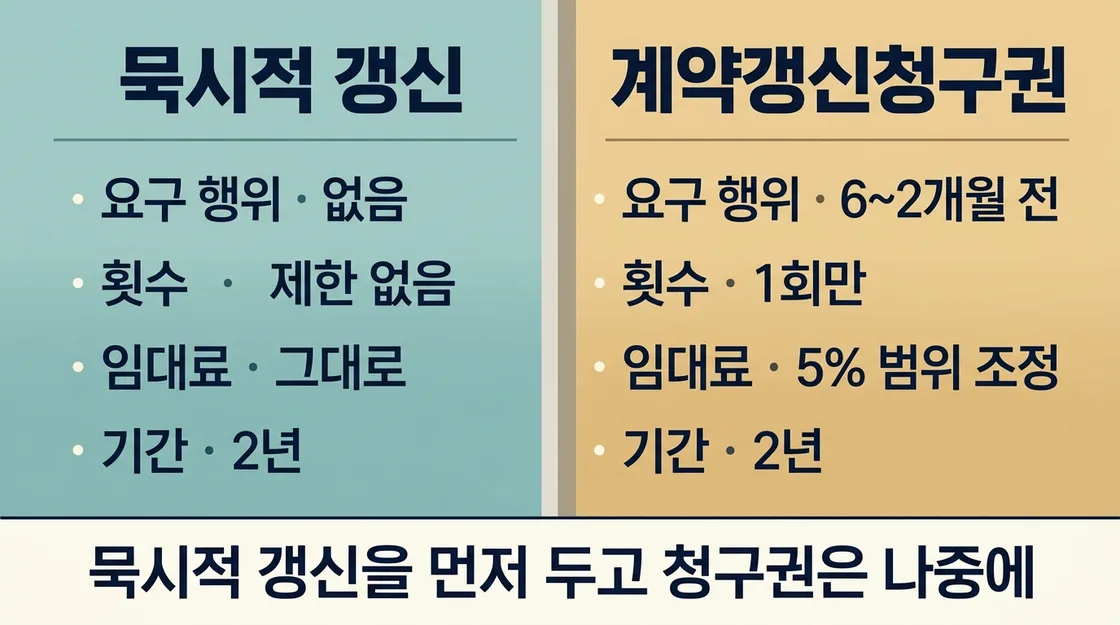묵시적 갱신과 계약갱신청구권의 횟수와 임대료 조건을 나란히 비교