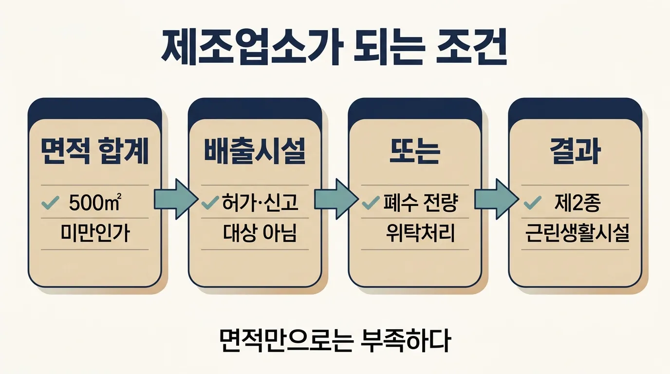 500㎡ 미만 제조업소가 제2종 근린생활시설이 되는 면적·배출시설 조건 흐름도