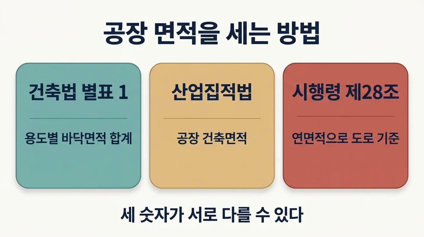 건축법 바닥면적 합계와 산업집적법 공장 건축면적의 차이를 비교한 도해