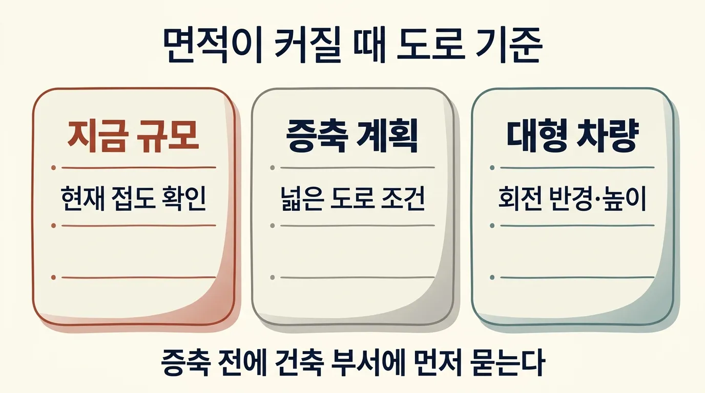 공장 연면적이 커질 때 진입도로 너비와 접한 길이 기준이 높아지는 도해