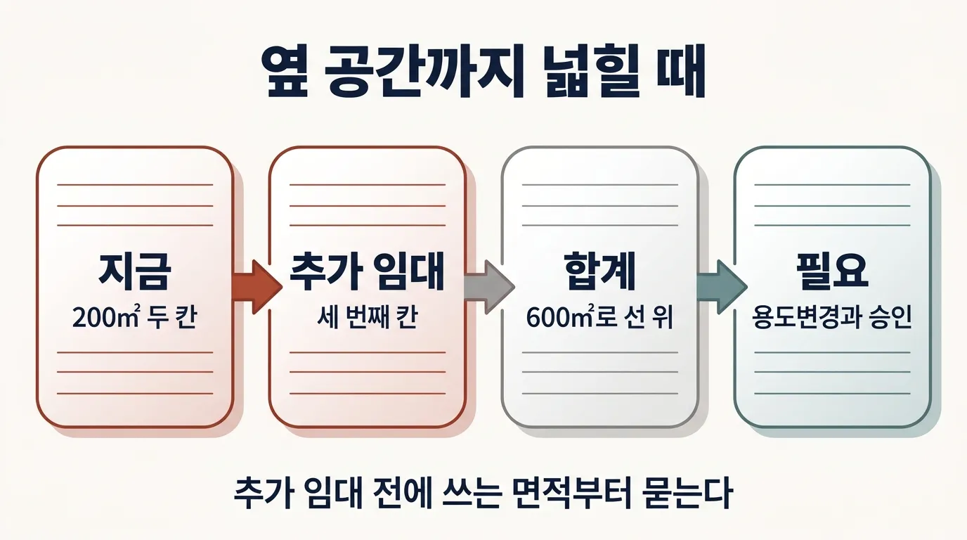 임차인이 공간을 넓혀 합계가 500㎡를 넘을 때 새로 필요한 절차 흐름도