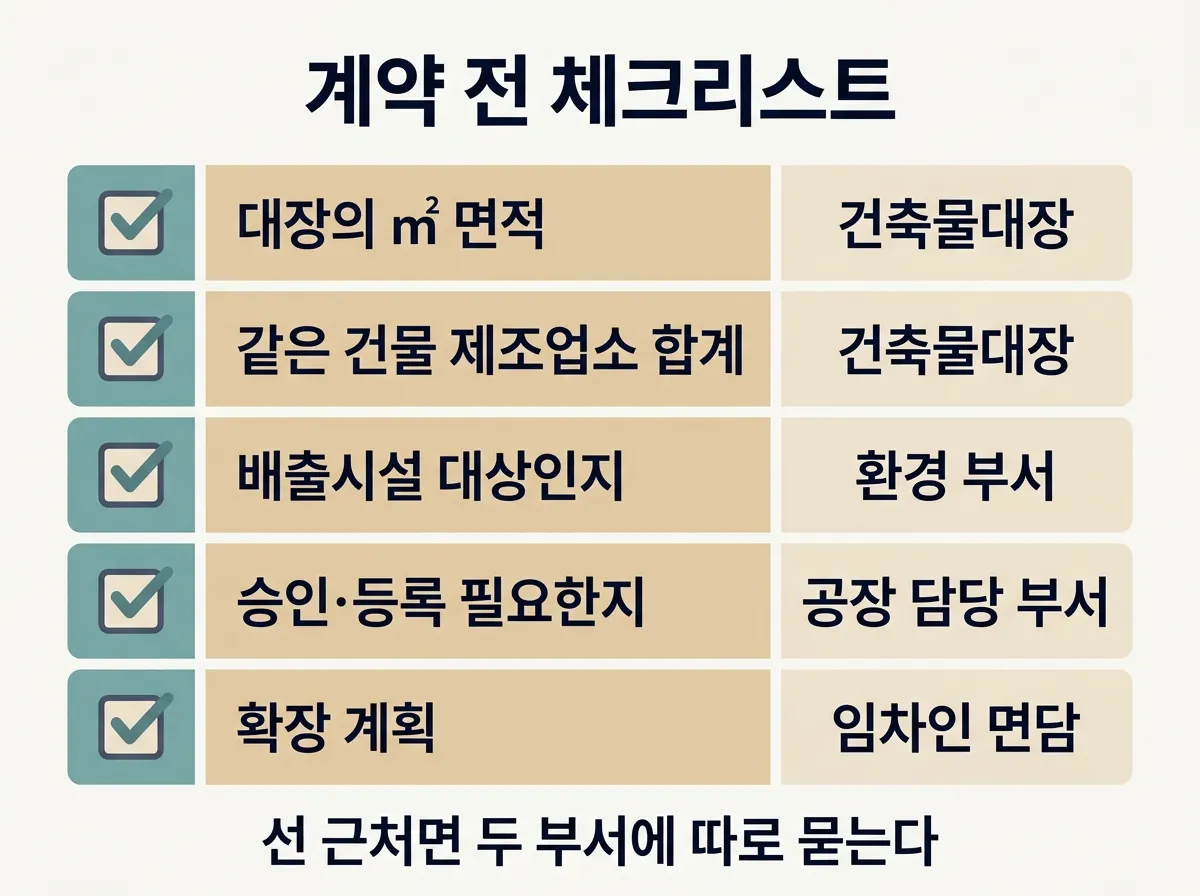 공장 면적 500㎡ 기준 계약 전 체크리스트와 문의 부서 정리 도해