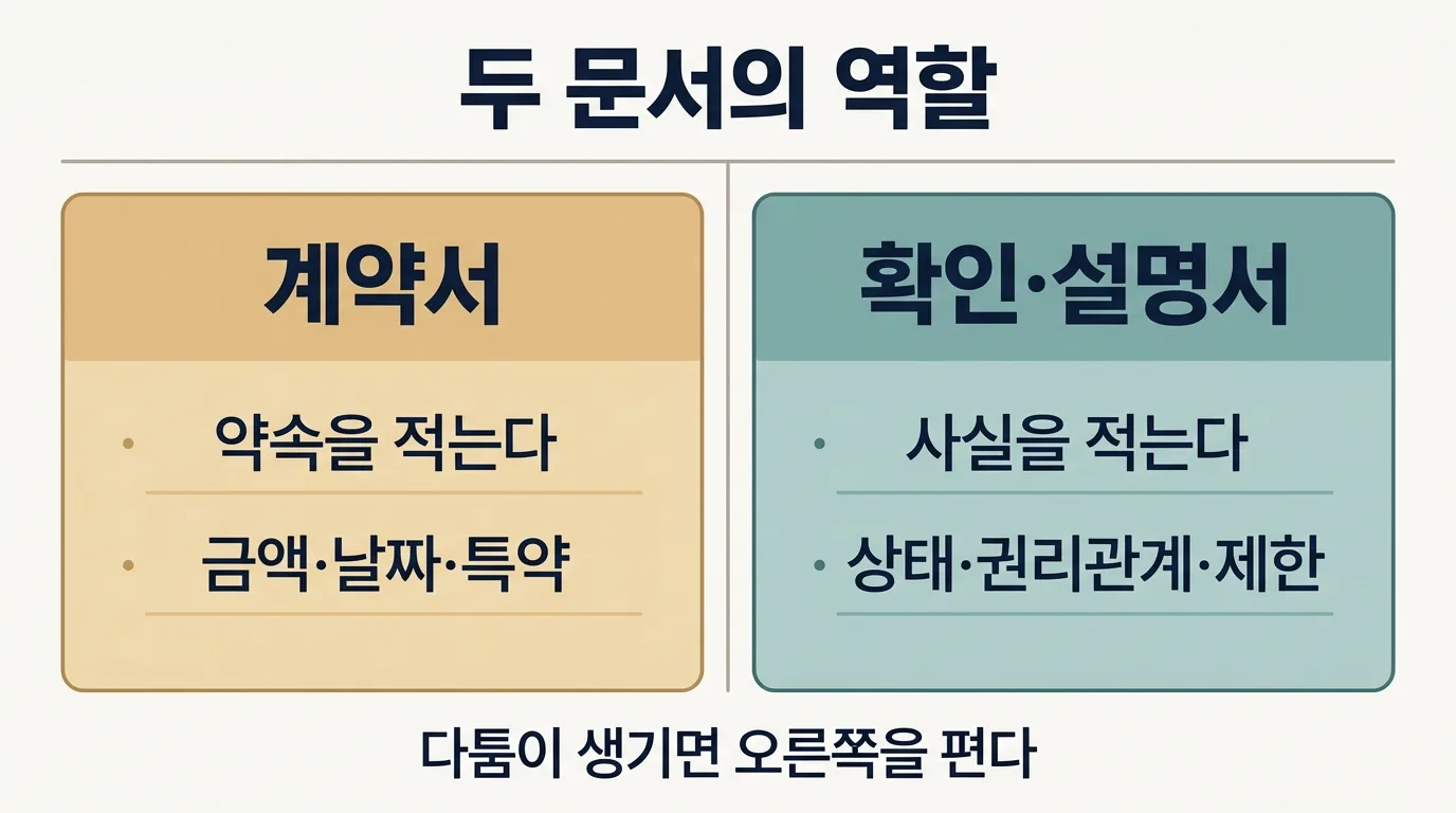 계약서와 확인·설명서의 역할이 어떻게 다른지 비교한 도해