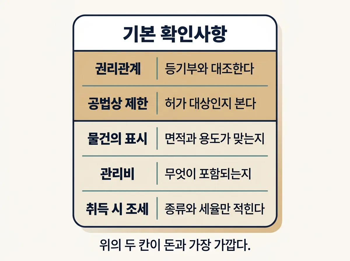 기본 확인사항에서 권리관계와 공법상 제한을 보는 순서 도해