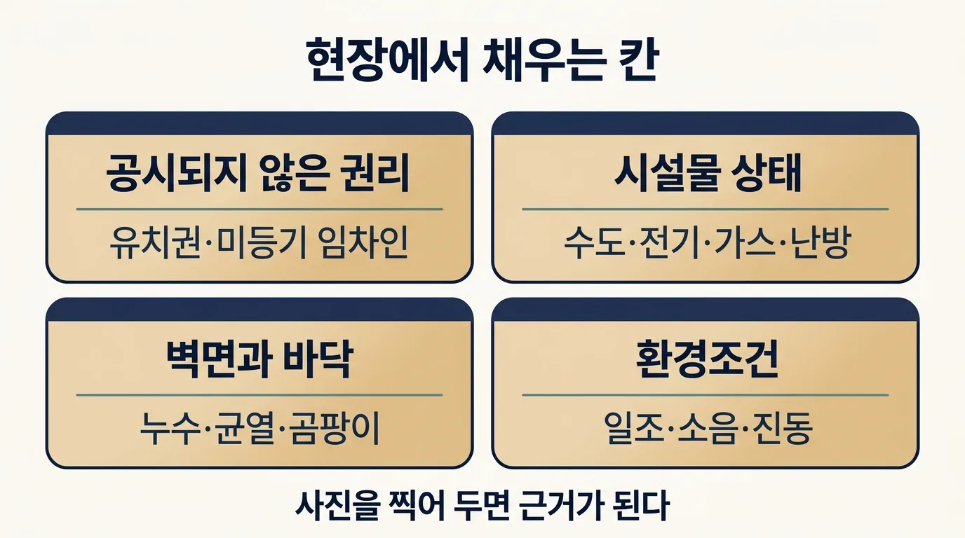 세부 확인사항에서 현장을 보며 채워야 할 항목 정리 도해