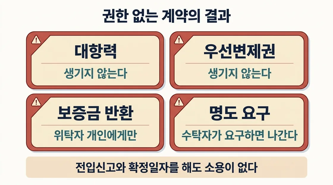 권한 없는 계약에서 대항력과 우선변제권이 생기지 않는 구조 도해