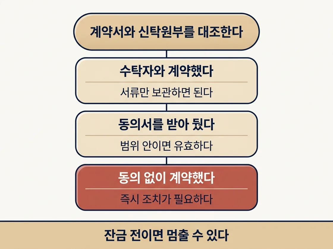신탁등기 계약 상태별 대응 방법을 세 갈래로 정리한 도해