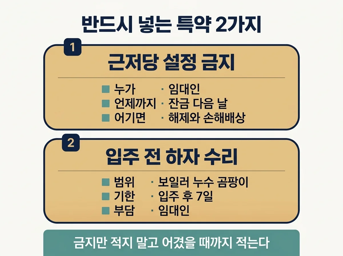근저당 설정 금지 특약과 하자 수리 특약의 문장 구성 요소 정리