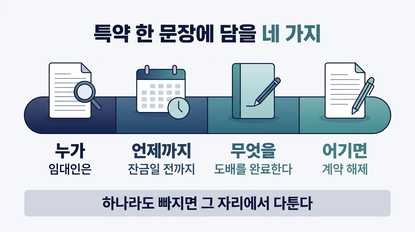 특약 문장에 반드시 들어가야 할 주어 기한 행위 위반효과 네 요소
