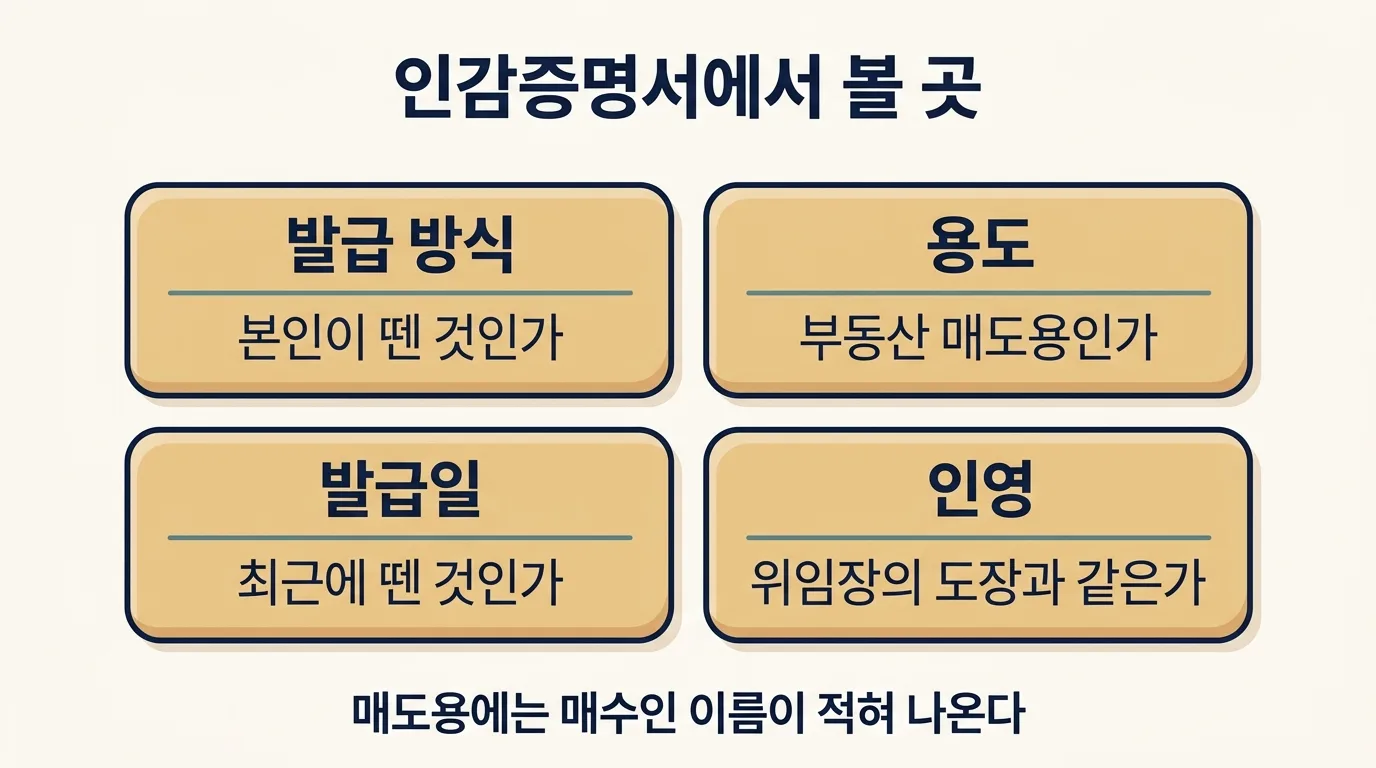 인감증명서에서 용도와 발급일, 인영을 확인하는 방법 도해