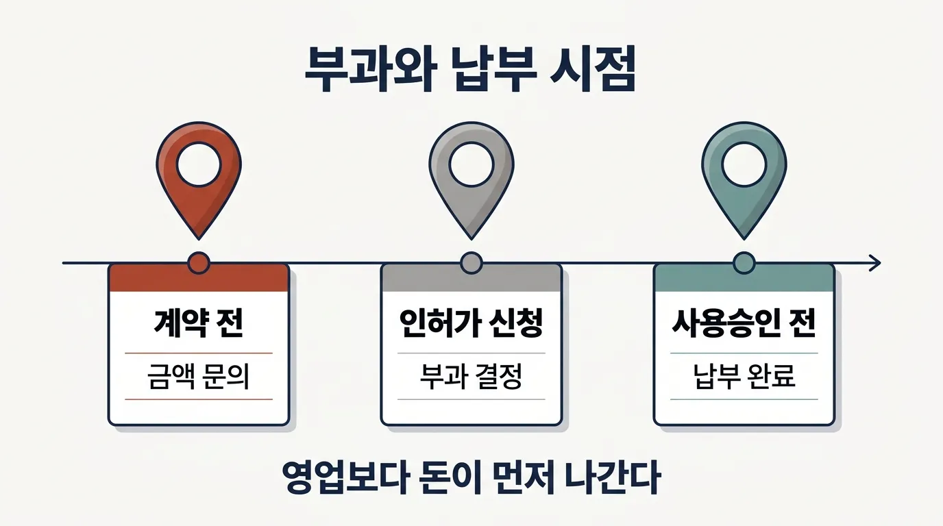 원인자부담금 부과 시점과 납부 시점을 계약부터 영업 개시까지 나타낸 타임라인