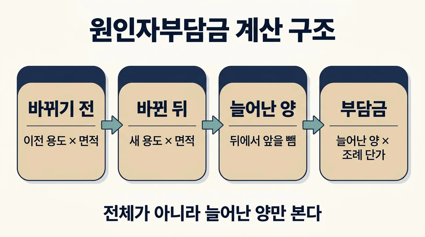 원인자부담금 계산 구조: 업종별 오수 기준값과 면적, 늘어난 양, 조례 단가 도해