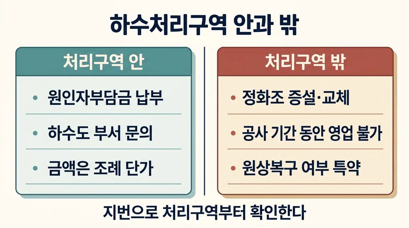 하수처리구역 안과 밖에서 늘어난 오수를 감당하는 방법 비교 도해