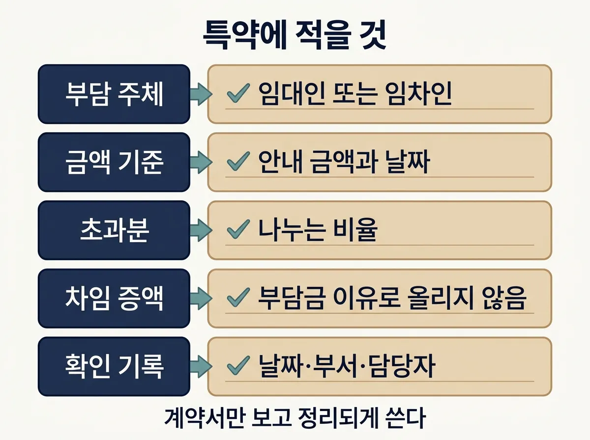 원인자부담금 특약에 들어가야 할 부담 주체·금액 기준·초과분·확인 기록 도해
