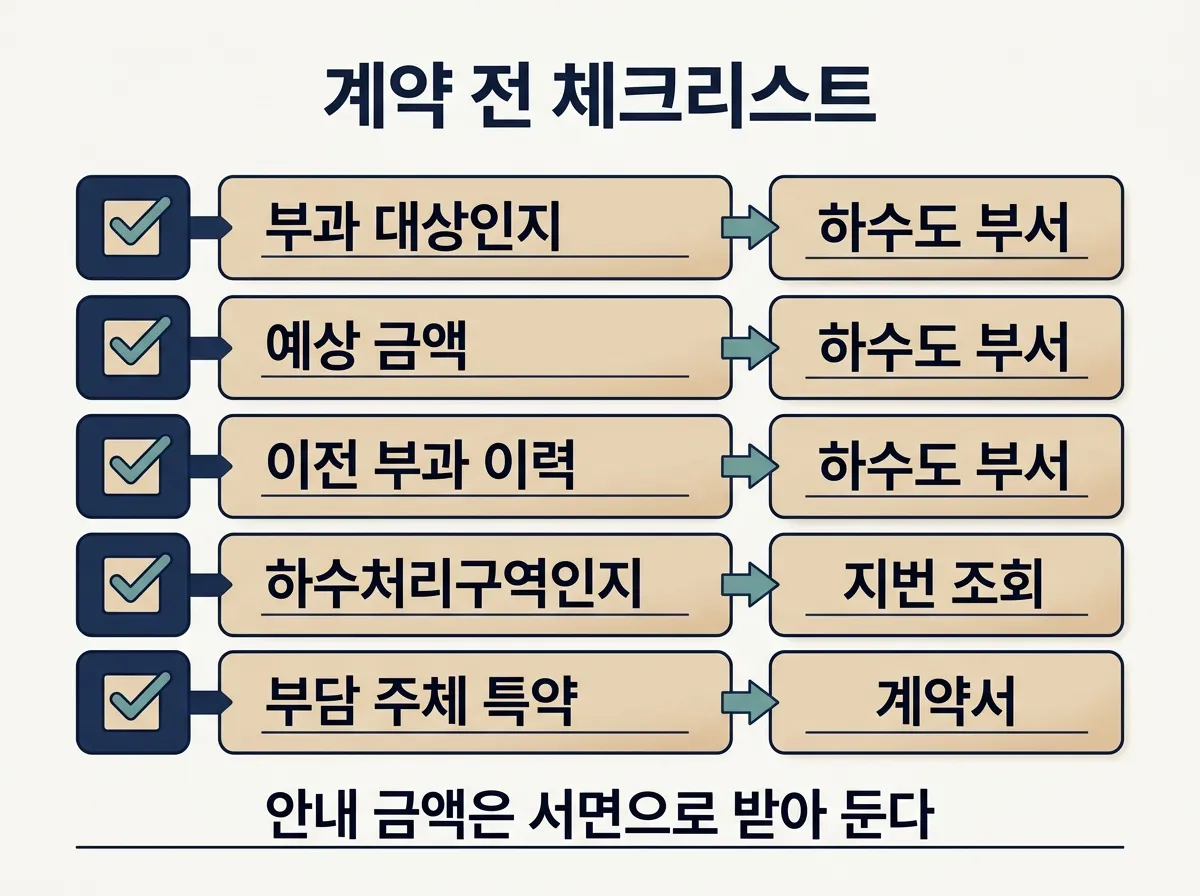 원인자부담금 계약 전 확인 체크리스트와 문의처 정리 도해