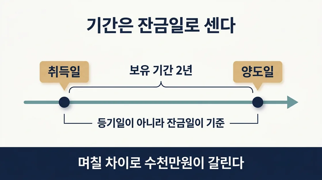 취득일과 양도일 기준과 보유·거주 기간 계산 방법을 정리한 도해