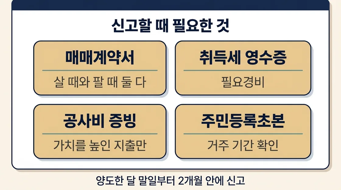 양도소득세 신고 기한과 필요경비 증빙 서류를 정리한 도해