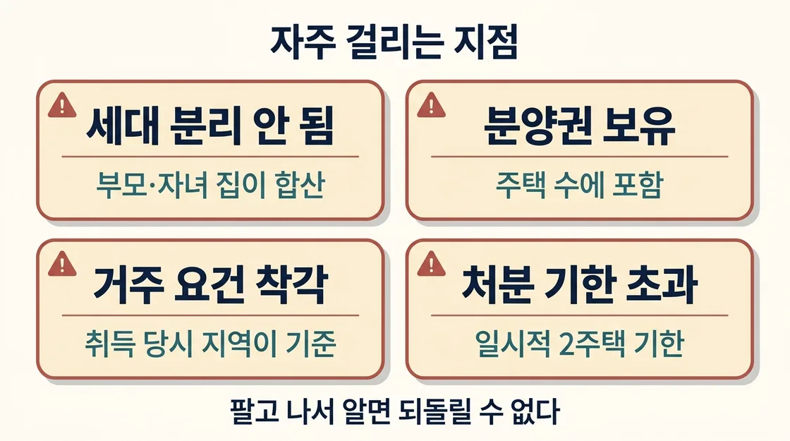 양도세 비과세에서 자주 놓치는 다섯 가지 지점을 정리한 도해