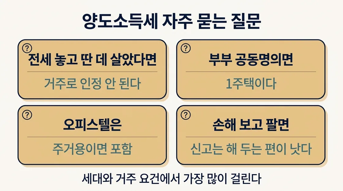 양도세 비과세 관련 자주 묻는 질문 네 가지와 답변 카드 정리